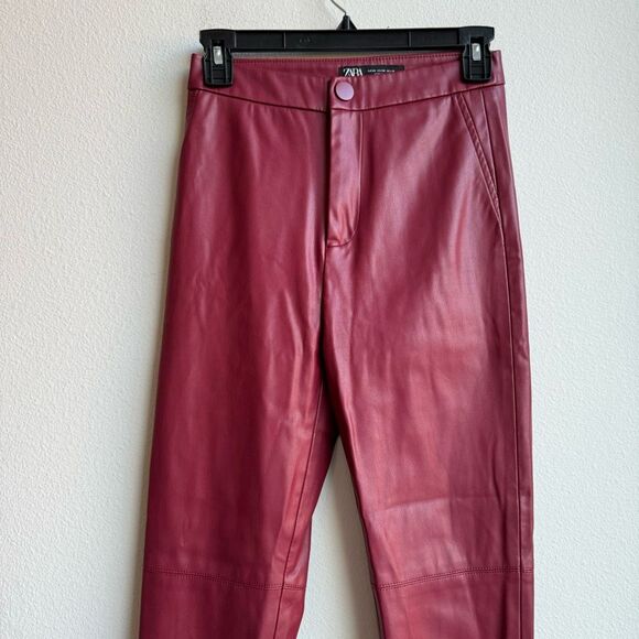 Zara Faux Leather High Waisted Zipper Slit Bottom Red Pull On Pants Size XS - Picture 2 of 8